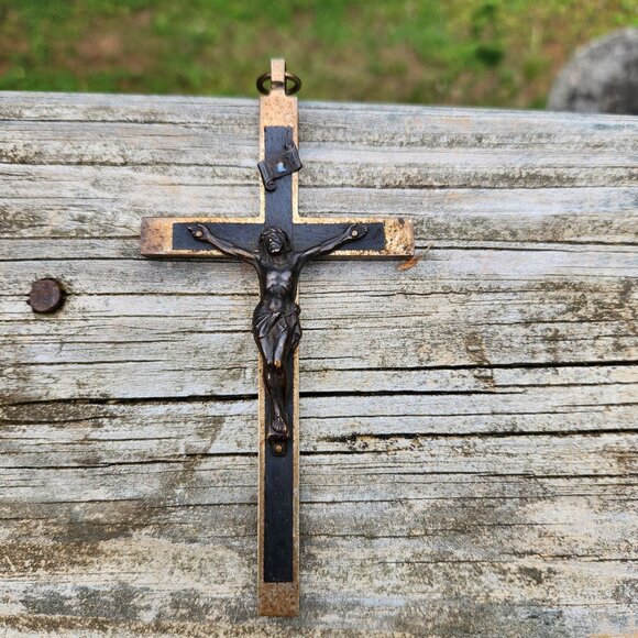 Large Antique Pectoral Ebony Wood Inlay Crucifix Cross 5.5" Religious Wall Hangi